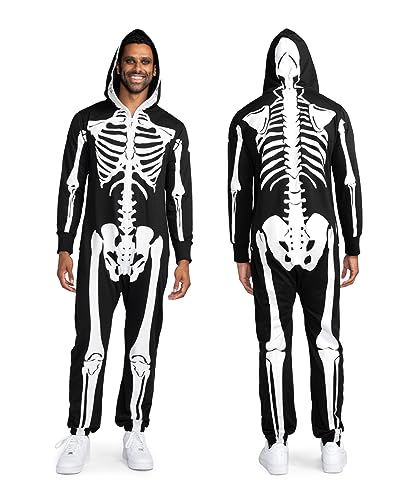 Tipsy Elves Halloween Skeleton Costume for Men - Comfy Easy Adult Onesie Jumpsuit - Front and Back Print with Zip Up Mask - Men's White Skeleton Jumpsuit Halloween Costume Size X-Large