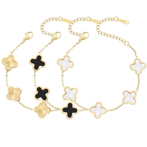 AIPPK 18K Gold Plated Bracelet Gold/White/Black Clover Bracelet Set for Women Four Leaf Lucky Bracelets Jewelry Gifts for Women