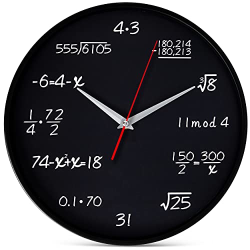 Bernhard Products Math Wall Clock Black 12 Inch Silent Non-Ticking Unique Gift for Teacher/Student/Engineer Graduate Quartz Round Battery Operated, Home Office School Classroom, Mathematical Equations