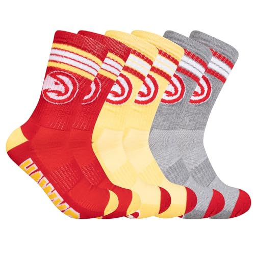 Ultra Game NBA Official Men’s Athletic Cushioned Secure Fit Team Crew Socks - 3 Pack - Unisex, Atlanta Hawks, Assorted, M6-12