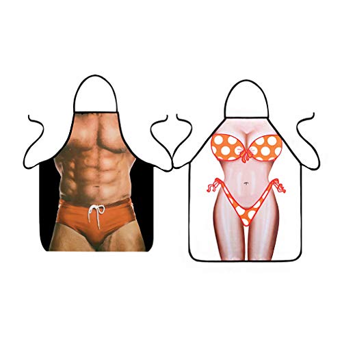 VIPbuy Set of 2 Pcs Funny Naked Man & Bikini Girl Adjustable Kitchen BBQ Aprons for Couples Novelty Gifts