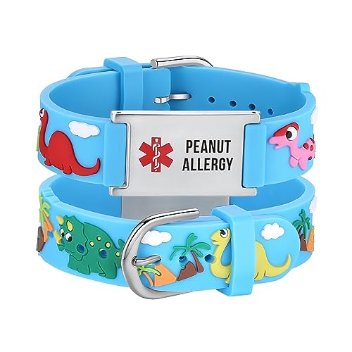 LinnaLove Medical Alert Bracelets for kids Cute Cartoon Emergency ID bracelets, Thoughtful Gift to boy and girls (Blue Dinosaur-peanut allergy.)