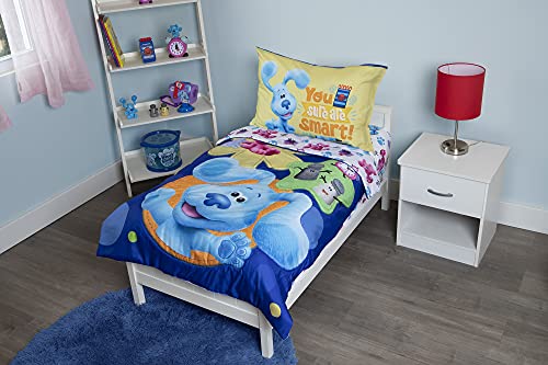 Blues Clues You Are Smart 4 Piece Toddler Bedding Set – Includes Comforter, Sheet Set – Fitted + Top Sheet + Reversible Pillowcase for Boys And Girls Beds, Blue