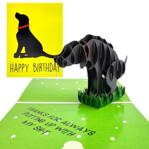 mmuue Humor Pop Up Birthday Card for Dog Owners Lovers, Lovely 3D Dog Birthday Greeting Card from Dog Puppy, Funny Bday Gifts Card for Him Her, Thanks for Always Putting Up With My Sh*t Card