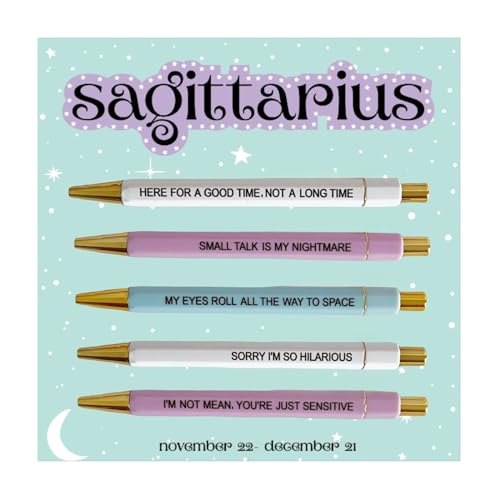 Jxueych Fun Sagittarius Pen Set - 5pcs Personalized Pens with Blessing Quotes, Black Ink, Medium Nib 1.0mm - Funny Gifts for Friends and Family