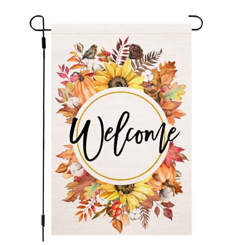 Fall Welcome Maple Leaves Garden Flag 12x18 Inch Double Sided for Outside Autumn Welcome Yard Flag Seasonal Holiday Outside Decoration