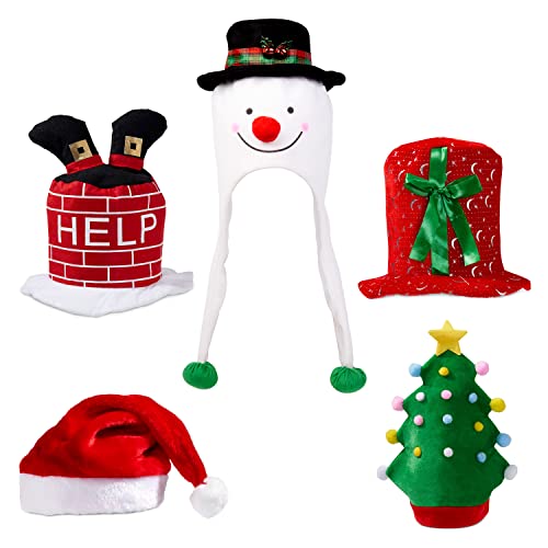 THE TWIDDLERS 5 Funny Christmas Hats for Xmas Party, Christmas Photo Props & Christmas Costumes for Adults & Kids - Christmas Tree Topper Hat, Snowman Hat, Stuck Santa, Classic Santa Hat, Present Hat