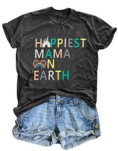 Magical Shirt for Women Happiest Mama On Earth Tee Magic Kingdom Castle Tshirt Family Holiday Vacation Short Sleeve Top Grey