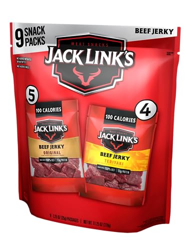 Jack Link's Beef Jerky Variety Pack - Includes Original and Teriyaki Flavors, On the Go Snacks, 13g of Protein Per Serving, Great Stocking Stuffers, Holiday Gifts for Men, 1.25 Oz (Pack of 9)