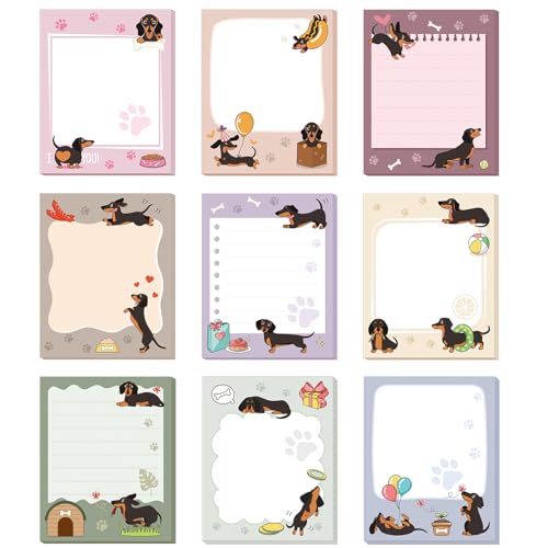 Sabary 9 Pads Sticky Notes 3.15 x 3.94 Inches Cute Self Sticky Note Pads Colored Adhesive Notepad for Memo Reminder Journal Studying Office Home Gift(Dachshund)