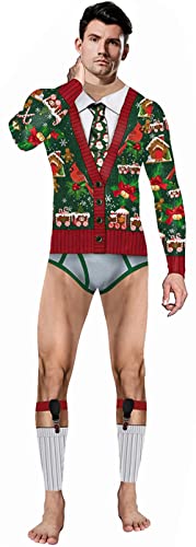 Adult Men/Women Realistic 3D Printed Jumpsuit Ugly Christmas Funny Bodysuit Long Sleeve Zipper Romper Holiday Cosplay Party One Piece Leotard Xman Onesie Jumpsuit