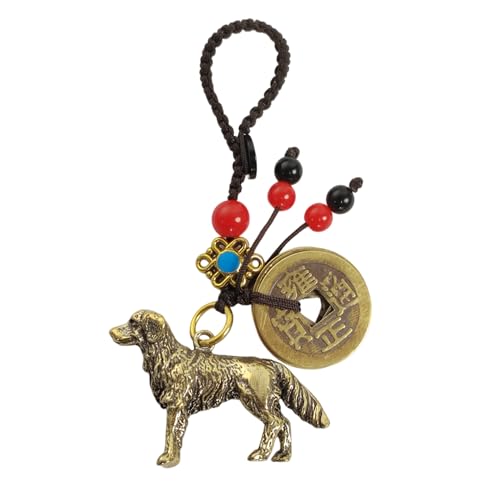 Mansiyuyee Brass Chinese Zodiac Dog Statue Keychain with 5 Feng Shui Coins, Zodiac Animal Charm Lucky Dog Key Ring