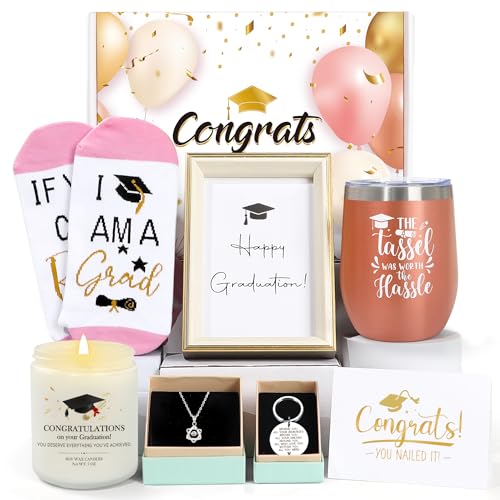 UAREHIBY Graduation Gifts for Her,2024 High School Graduation Gifts with 12 oz Wine Tumbler,Master Degree,Phd Graduation Gift for Friend,Sister,Daughter,Girls-Rose Golden