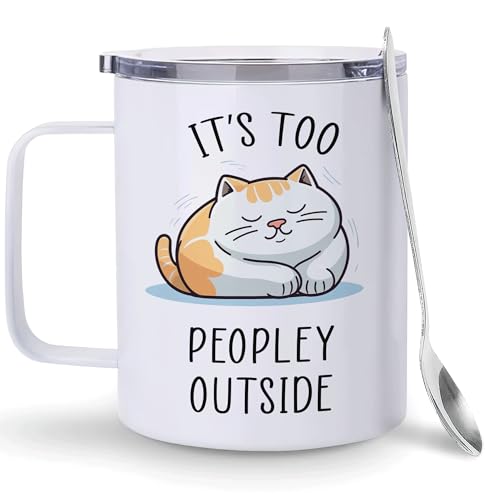 Hyturtle It's Too Peopley Outside 12 oz Insulated Stainless Steel Mug With Lid & Spoon, Funny Introvert Mug Gifts, Birthday Gifts for Women Girls Best Friends Anti Social People, Cat Sarcastic Gifts