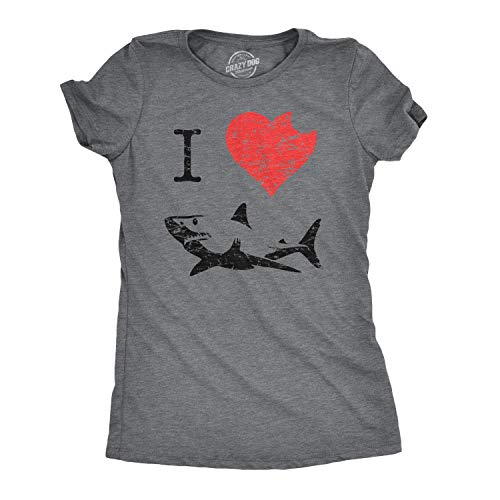 Womens I Love Sharks T Shirt Shark Bite Shirt Vintage Graphic Tee for Ladies Funny Womens T Shirts Shark T Shirt for Women Women's Novelty T Shirts Dark Grey M