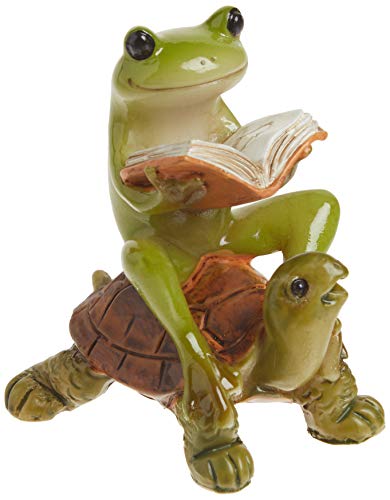 Top Collection Miniature Fairy Garden & Terrarium Frog Reading Book on Turtle Statue, Small, Green, Orange