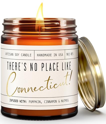 Connecticut Gifts, Connecticut Decor for Home - 'There's No Place Like Connecticut Candle, w/Pumpkin, Cinnamon & Nutmeg I Connecticut Souvenirs I Connecticut State Gifts I 9oz Jar, 50Hr Burn, USA Made