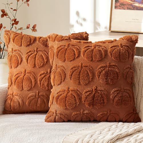 MIULEE Fall Throw Pillow Covers 18 x 18 Decorative Pumpkin Pattern Pillow Covers Soft Plush Faux Wool Couch Pillow Covers for Home, Set of 2,Dark Rust