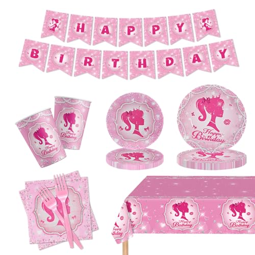 Visgo 122 Pcs Girl Princess Birthday Party Supplies，pink princess theme birthday party decorations Serves 24， Include pink Princess Birthday Banner Princess Party Plates and Napkins Tableware Set