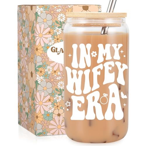 Fairy's Gift Wifey Cup, Engagement Gifts for Her, Bride Gifts, 16 oz Coffee Glass Cups with Lids Straws - in My Wifey Era - Wedding, Bridal Shower, Bachelorette Gifts for Bride, Bride to be Gifts