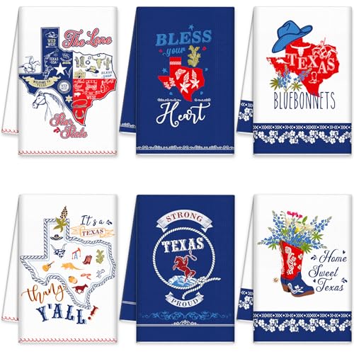 FuWeave 6 Pieces Texas Bluebonnets Kitchen Towels Texas Souvenirs Gifts Sweet Themed Decorative White Blue and Red Print Texas Tea Towel Dish Towel Texas Decor for Home Dish and Hand Drying, 6 Styles