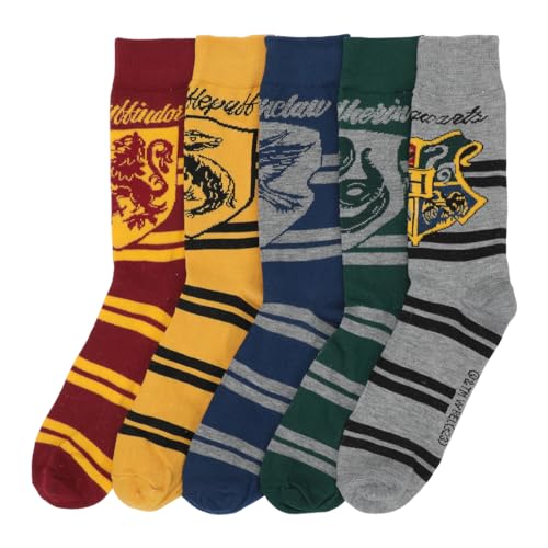 Bioworld Men's Harry Potter Hogwarts House Crests on Varsity Stripes Casual Crew Socks (5 Pairs)