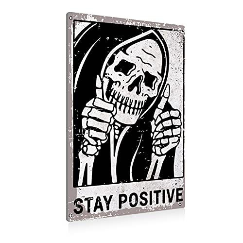 Vintage Stay Positive Skull Sign Metal Tin Sign Wall Décor Funny Retro Sign for Home Living Room Bedroom Halloween Decor Gifts - 8x12 Inch