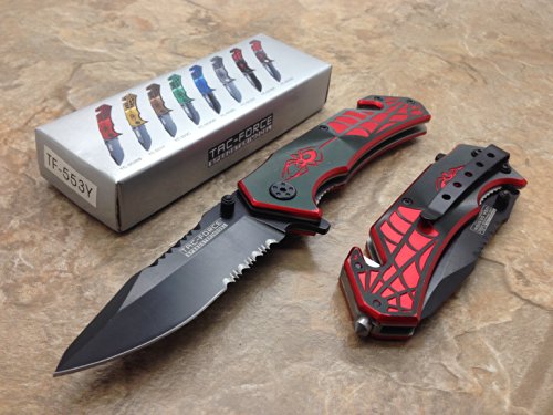 TAC Force Assisted Opening Spider WEB Design Handle Rescue Tactical Black Stainless Steel Blade for Hunting Camping Outdoor - Black/red