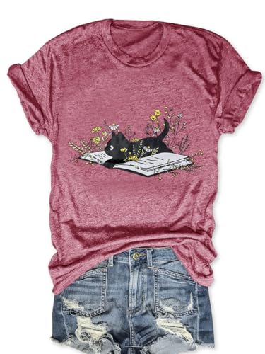 Women Cute Cat Shirt Funny Flower Book Reading Smile T Shirt Short Sleeve Vacation Summer Tops(Pink,M)