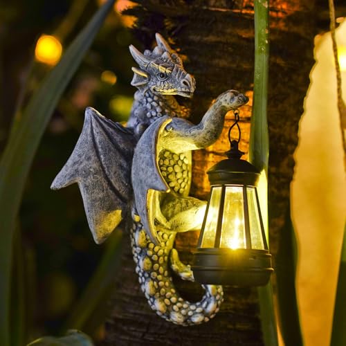 Fashionoda Dragon Tree Hugger with Solar Lanten - 9.3 Inch Resin Dragon Statue for Outside Garden Yard Decor,Unique Outdoor Dragon Gifts & Birthday Gifts for Mom Women Grandma