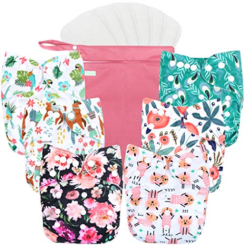 wegreeco Cloth Diapers 6 Pack with 6 Inserts & 1 Wet Bag, Washable Cloth Diapers for Babies, One Size Adjustable Reusable Diapers Baby (Flower)