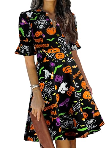 Halloween Dress for Women Pumpkin Costume Puff Sleeve Casual Semi-Formal Fit and Flare Church Party Dresses with Pockets S