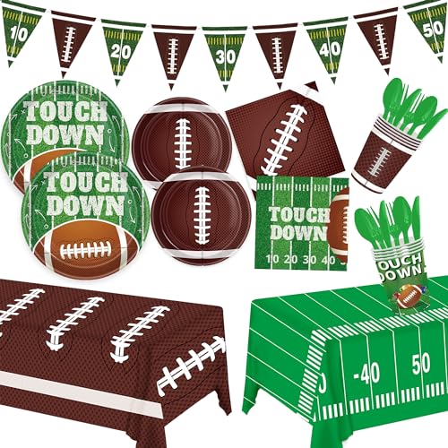 171PCS Football Party Supplies Kit Rugby Paper Plates Cups Napkins Spoon Fork knives Tablecloth Touchdown Party Decorations Tableware for 24 Guests for Football Game Super Bowl Party Birthday Party