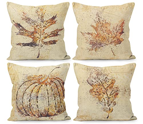 Liosei Fall Pillow Covers 18x18, Rustic Pumpkin Fall Maple Leaves Harvest Linen Throw Pillow Covers Set of 4, Farmhouse Fall Autumn Thanksgiving Gifts for Home Room Bedroom