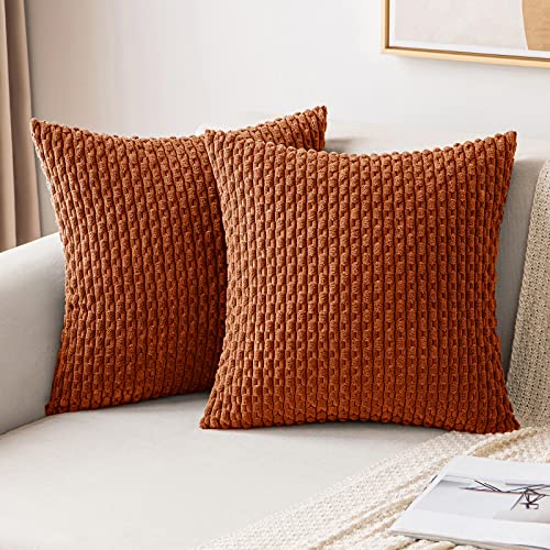 MIULEE Throw Pillow Covers Soft Corduroy Decorative Set of 2 Boho Striped Fall Pillow Covers Pillowcases Farmhouse Home Decor for Couch Bed Sofa Living Room 18x18 Inch Rust