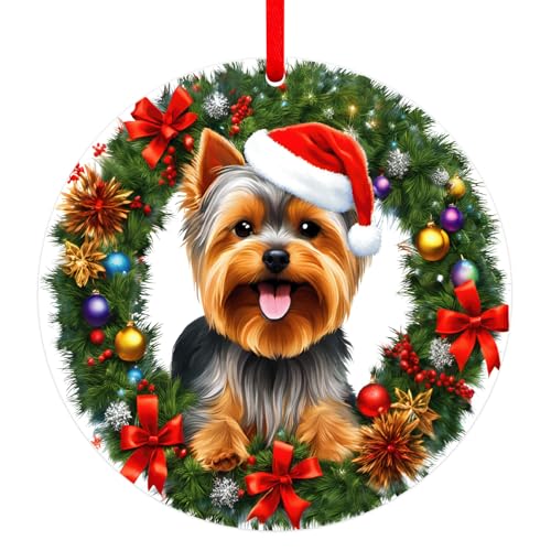 SICOHOME Yorkshire Terrier Christmas Ornament Yorkshire Terrier Gifts for Women and Dog Lovers Yorkshire Terrier Xmas Tree Ornaments Round Ornament with Gift Box Xmas Present for Yorkshire Lovers GIF