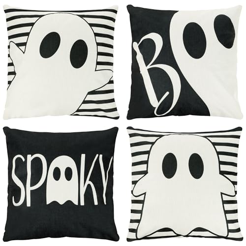 peony man 4Pcs Halloween Pillow Covers 18 x 18 Inch Spooky Ghost Pillow Cover Black Stripe Cushion Case Halloween Decorative Pillow Cases for Home Sofa Couch Living Room Bedroom Outdoor Indoor Decor