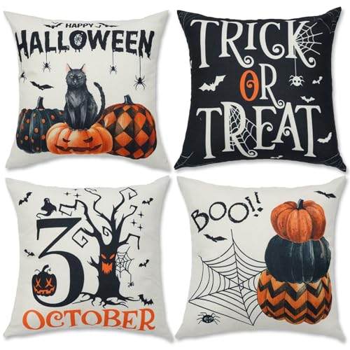 GSBLUNIE Halloween Decorations Pillow Covers 18x18, Set of 4 Throw Pillow Covers Halloween Decor Indoor, Halloween Cat Pumpkin Spider Web Pillow Set, Cute Halloween Home Pillows for Couch