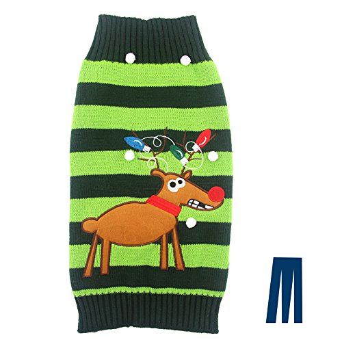 Mikayoo pet Sweater for Small Dog/cat,Ugly Sweater,Color Horizontal Stripes,Christmas Holiday Xmas, Elk Series, Reindeer Series,with Lights and Snowball(M)