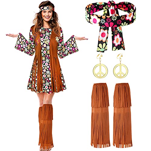 SATINIOR 70s 60s Hippie Costume Set 70s Outfits Accessories for Carnival Party Halloween Women Disco Dress(Adult Size (medium))