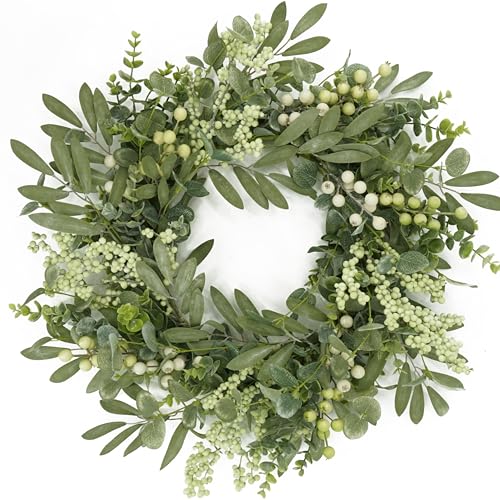 AMF0RESJ Green Eucalyptus Wreaths for Front Door Spring Summer Wreath with Eucalyptus Leaves,Olives Leaves,Mixed Berry for Indoor Outdoor Farmhouse Home Porch Wall Window Festival Wedding Decor