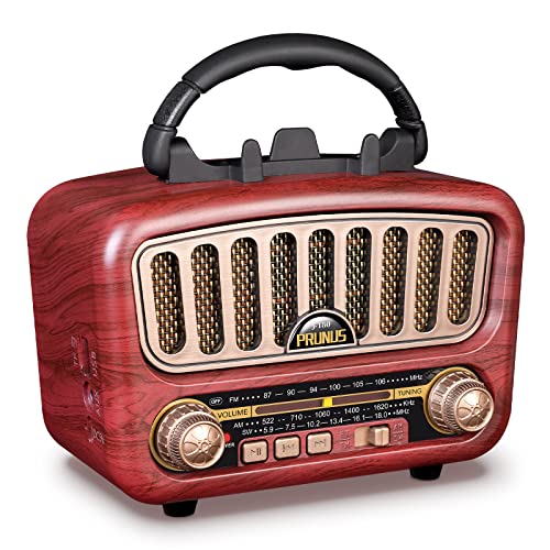 【2024 Newest】 PRUNUS J-180 Vintage Retro Radio Bluetooth Speaker with Stereo Sound, AM FM Radio Portable with Loud Volume, BT5.0, TF Card & MP3 Player, Rechargeable Speaker