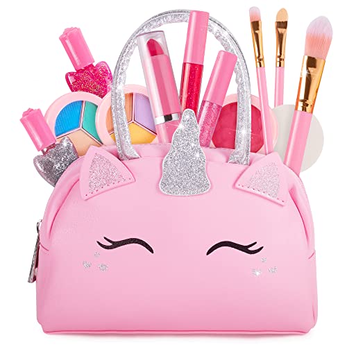 Kids Real Makeup Kit for Little Girls: with Pink Unicorn Purse - Real, Non Toxic, Washable Make Up Toy - Gift for Toddler Young Children Pretend Play Set Vanity for Ages 3 4 5 6 7 8 9 10 Years Old