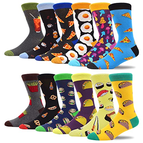 MAKABO Men's Colorful Novelty Patterned Crew Socks, 12 Pack Multicolor Food, Size 10-13