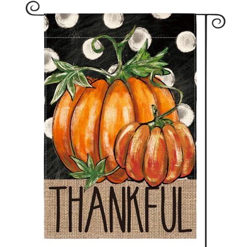 AVOIN colorlife Fall Thankful Thanksgiving Garden Flag 12x18 Inch Double Sided, Pumpkin Polka Dots Harvest Holiday Yard Outdoor Decorative Flag