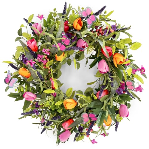 24' Wreaths for Front Door, Wreath with Tulip Wreath, Butterfly, Lavender and Eucalyptus, Vivid Artificial Floral Wreath for Wall Window Farmhouse Party Holiday Home Décor