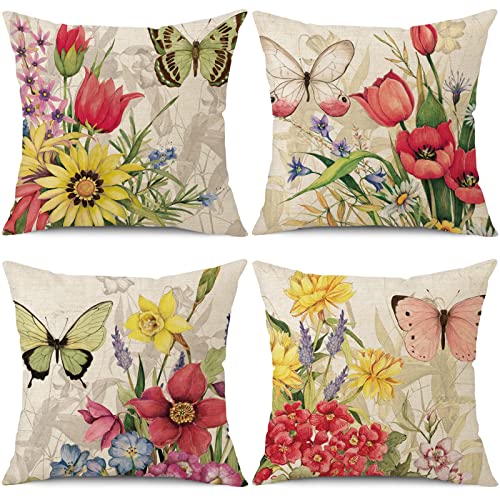 wyooxoo Throw Pillow Covers 18x18 Set of 4 Decorative Spring Pillow Covers Linen Flower Butterfly Farmhouse Pillowcases for Sofa Couch Living Room Outdoor (18' x 18')