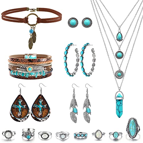 MJartoria Native American Bohemian Feather Charm Handmade PU Leather Choker Necklace Turquoise Set