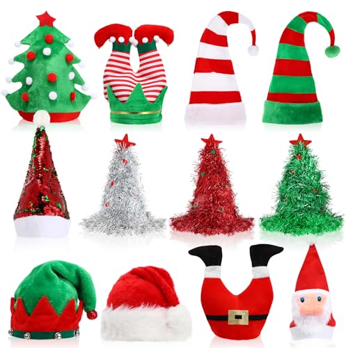 Liitrsh 12 Pieces Christmas Novelty Hats Santa Elf Hat Funny Sequin Xmas Tree Hat for Christmas Party Celebrations, Winter Party Supplies, Christmas Decorations Costume Props