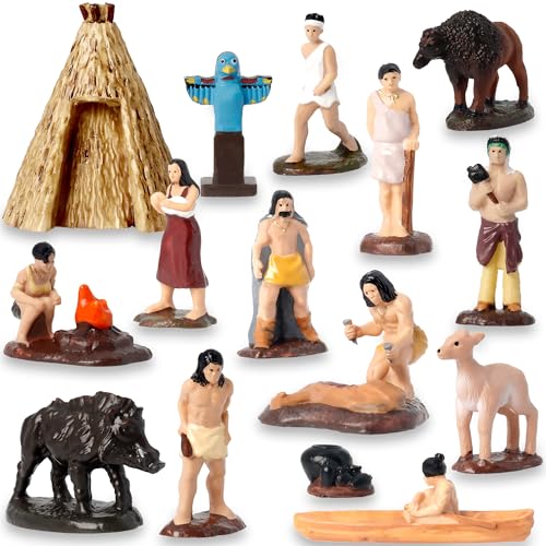 Hiawbon 15Pcs Native American Figurines Set, Historical Miniature Indian Figurines with Accessories, Resin American Indians Figures Play Figure Playsets for Home Desktop Decoration